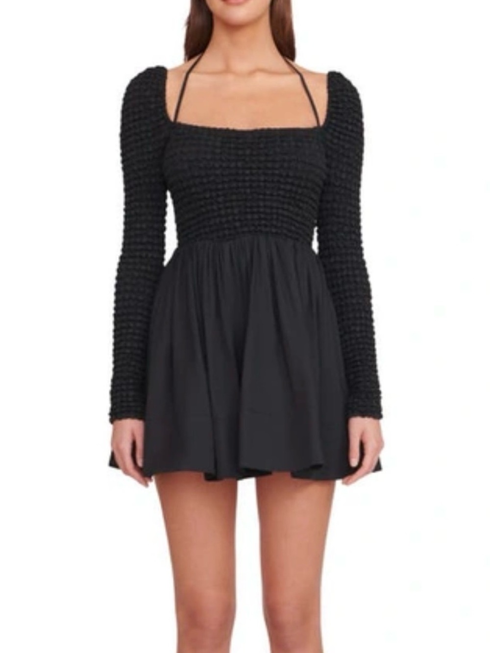 Black Long-Sleeve Smocked Mini Dress